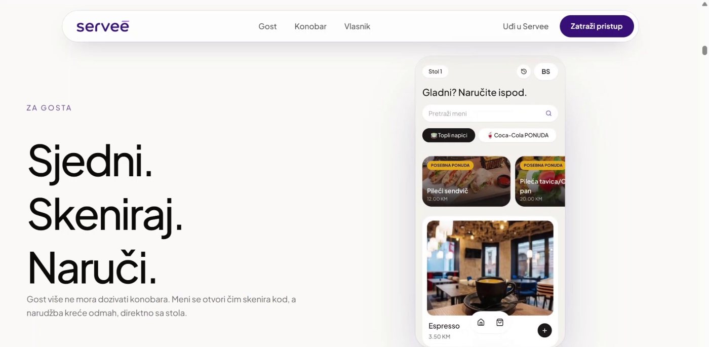 Servee: sit down, scan, order, with the guest menu on a phone
